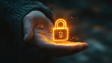 Poster - Glowing Digital Lock Symbol in Human Hand Representing Security