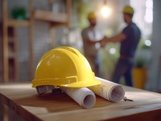 Poster - Yellow hardhat and blueprints on table, two men shaking hands in the background.