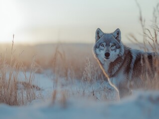 Aufkleber - Wolf stands in frosty, golden grass at dawn.