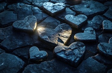 Poster - Stone hearts scattered on cracked rock, one glowing.