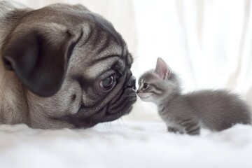 Wall Mural - Pug and kitten nose-to-nose.