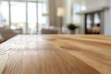 Poster - Wooden tabletop with blurred living room interior.