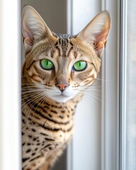 Poster - Close-up of a spotted brown cat with green eyes peeking from doorway.