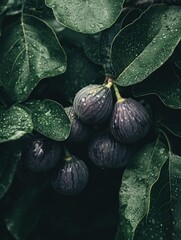 Wall Mural - Figs with water drops on leaves.