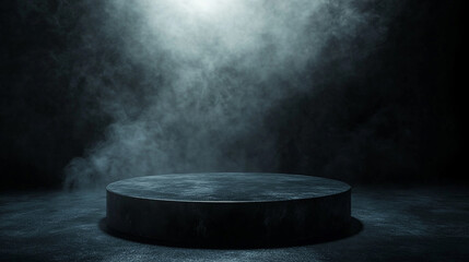 Poster - Darkened stage illuminated by fog with a circular platform in focus. 