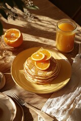 Poster - Stacked pancakes with orange slices and juice.