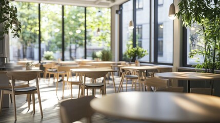 Poster - Indoor cafe with tables, chairs, plants and a large window.