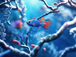 Aufkleber - Colorful fish swim among coral.
