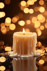 Poster - Lit candle with melting wax, blurred lights background.