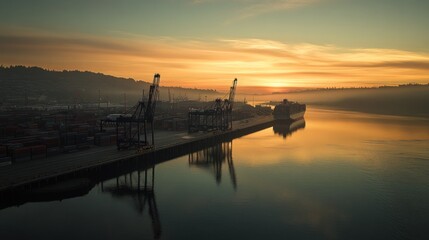 Poster - Sunrise over port with ship, cranes, containers, and foggy hills.
