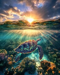 Aufkleber - Sea turtle swims below ocean surface at sunset.