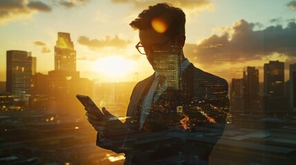 Aufkleber - Man using phone, city sunset view.