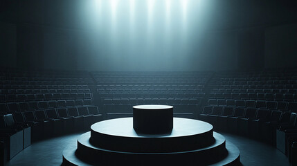 Poster - Spotlight illuminates a circular stage in an empty theater at night. 