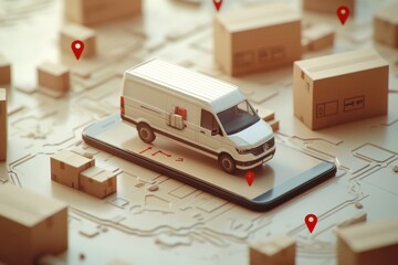 Poster - Delivery van on phone screen surrounded by boxes with location pins.