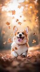 Poster - Happy Corgi running in falling autumn leaves.