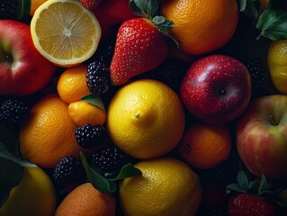 Wall Mural - Colorful fruit assortment with apples, oranges, lemons, berries.