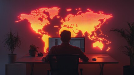 Poster - Person Working on Computer with Orange World Map Projection