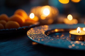 Poster - Warm candlelight illuminates silver plate with fruit in background.
