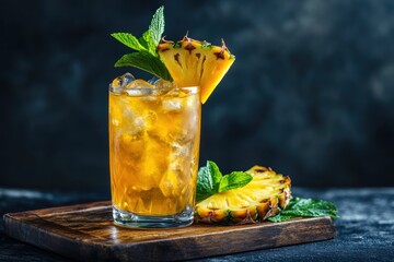 Poster - Iced pineapple drink with mint garnish on wood.