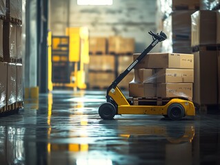 Poster - Forklift carrying stacked boxes inside a warehouse.
