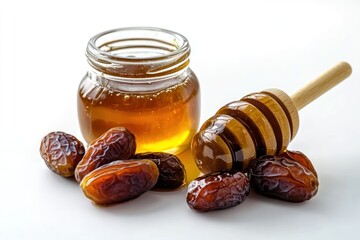 Poster - Honey jar, dipper, and dates on a white surface.