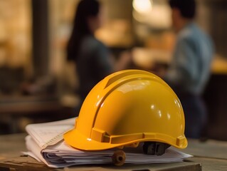 Poster - Yellow hard hat on plans, workers blurred.