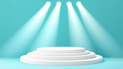 Poster - Brightly lit platform with spotlights on teal background for presentations. 