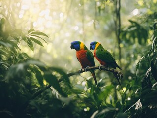 Aufkleber - Pair of rainbow lorikeets perch on a branch in the jungle.