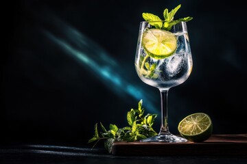 Poster - Clear drink with lime, mint, ice on dark surface.