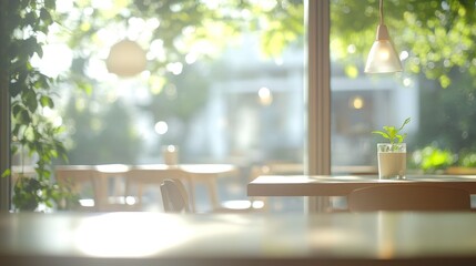 Aufkleber - Sunlit cafe table, plant, and outdoor view.