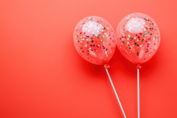 Poster - Two balloons with confetti on coral background.