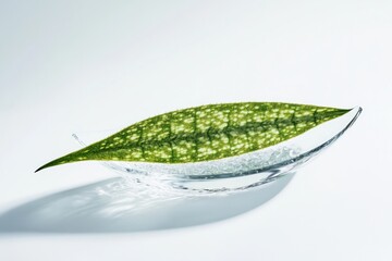 Poster - Leaf in glass dish, white background.