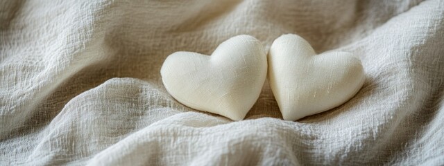 Poster - Two white hearts on textured fabric.