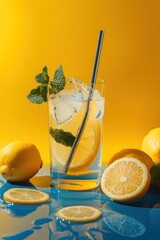 Poster - Refreshing lemonade with lemons, mint and metal straw on blue surface.