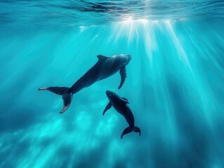 Poster - Two whales swim under water with sunlight.