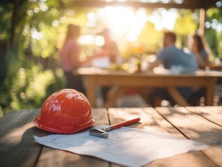 Poster - Orange hardhat, wrench, plan sit on table, people blur.