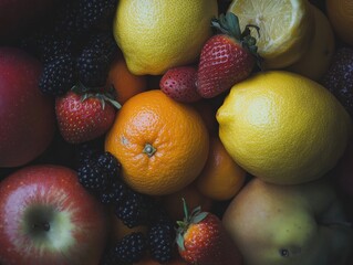 Poster - Fruits assortment lemon, orange, apple, strawberry, blackberry.
