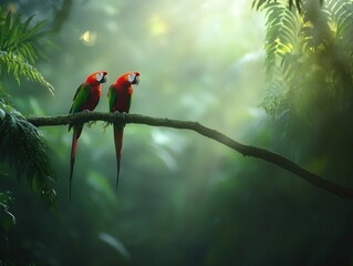 Aufkleber - Two scarlet macaws perch on a branch in the sunlit jungle.