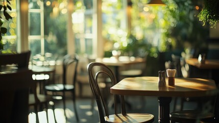 Poster - Bright cafe with tables and chairs, sunlight streams in.
