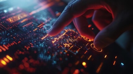 Leinwandbilder - Hand touches digital screen with abstract data, glowing with light.