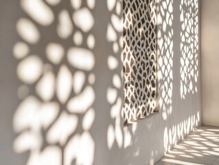 Poster - Sunlight through lattice casts shadows on a white wall.