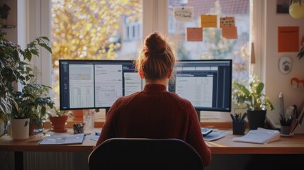 Aufkleber - Woman works at desk on dual monitors with autumn window view.