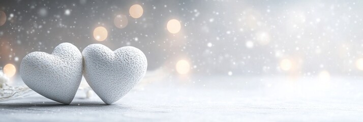 Two white hearts on grey surface, bokeh, and snow effect.