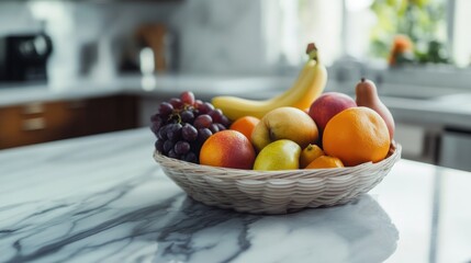 Sticker - Fruit basket on marble counter, bright kitchen background.