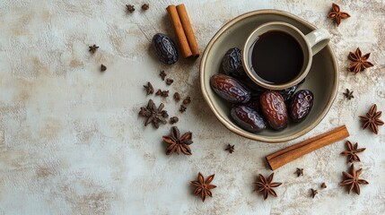 Aufkleber - Coffee, dates, cinnamon and star anise on textured surface.