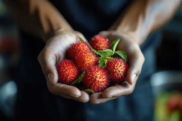 Poster - Hands holding fresh rambutan fruit.