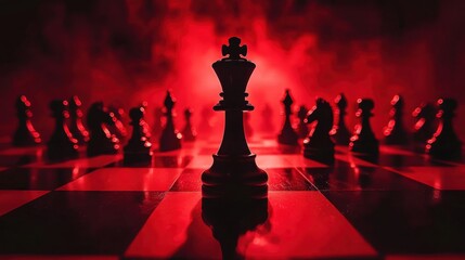 Poster - Dark Chess Scene with Silhouetted Pieces on Red Background