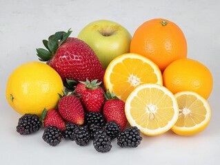Poster - Fresh fruits; an apple, oranges, strawberries, lemons, and blackberries in a heap.