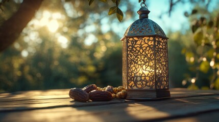 Aufkleber - Lantern, dates, and beads on wood table with sunlit trees.