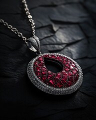 Aufkleber - Ruby pendant on chain with stones, dark stone backdrop.